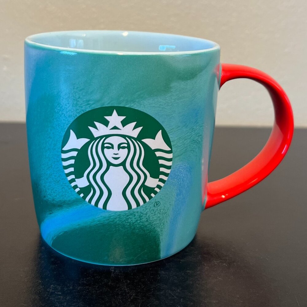 STARBUCKS Mermaid Twin-Tailed Siren Logo Blue Green Marbleized Mug Red Handle